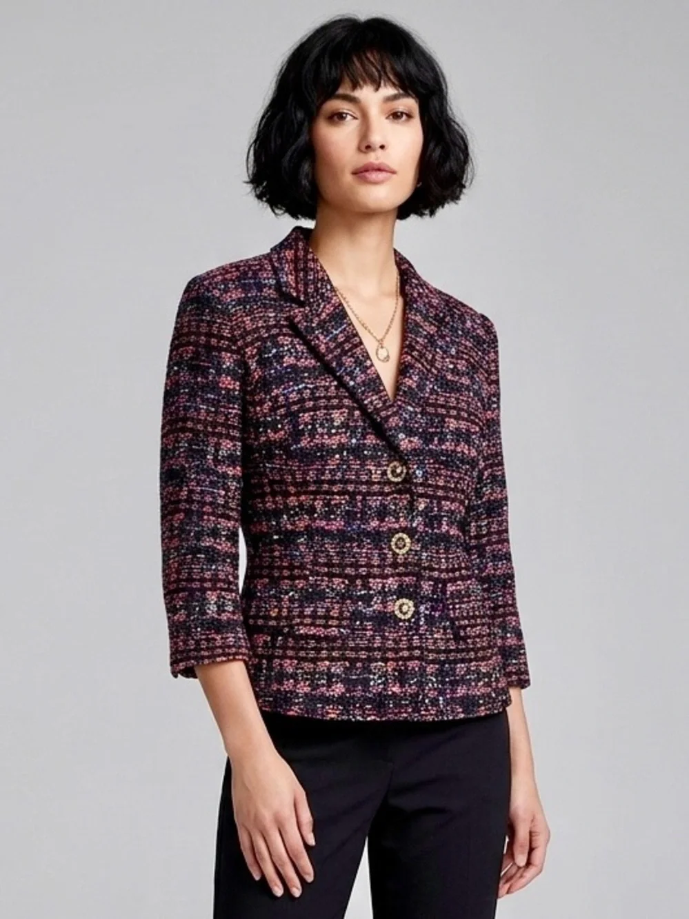 St. John Black Mulitcolor Tweed 3/4 Sleeve Blazer, Size 14